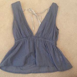 Blue O’Neill Top w thin white stripes. Tie across back. Size Small. Never Worn!